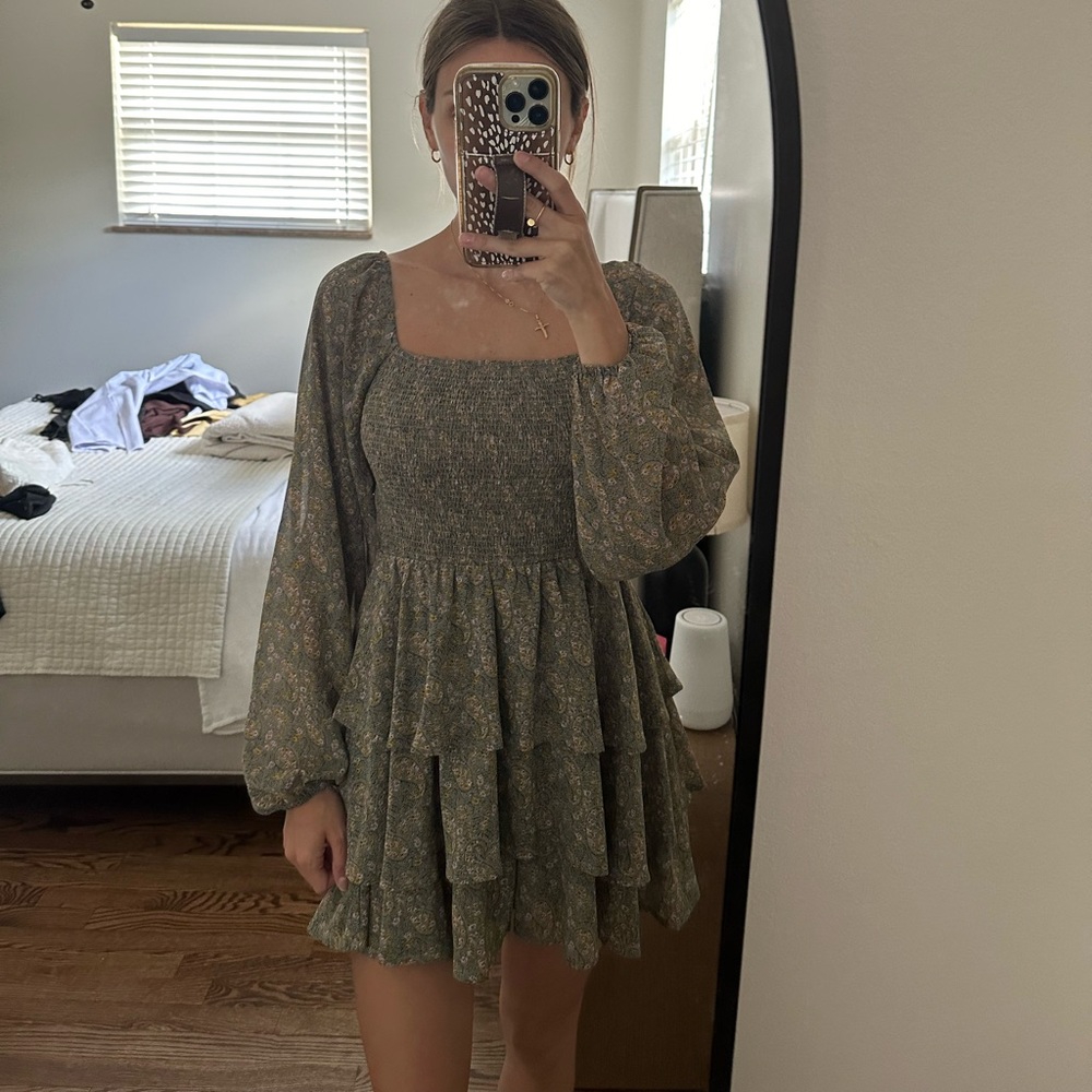 Ruffle olive green paisley dress/romper